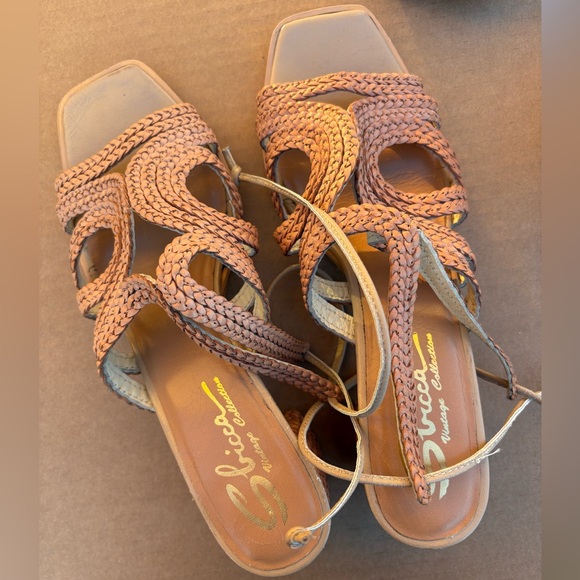 Sbicca Vintage Collection Braided Leather Sandals Tan Square Boho Ankle Strap - Picture 1 of 11